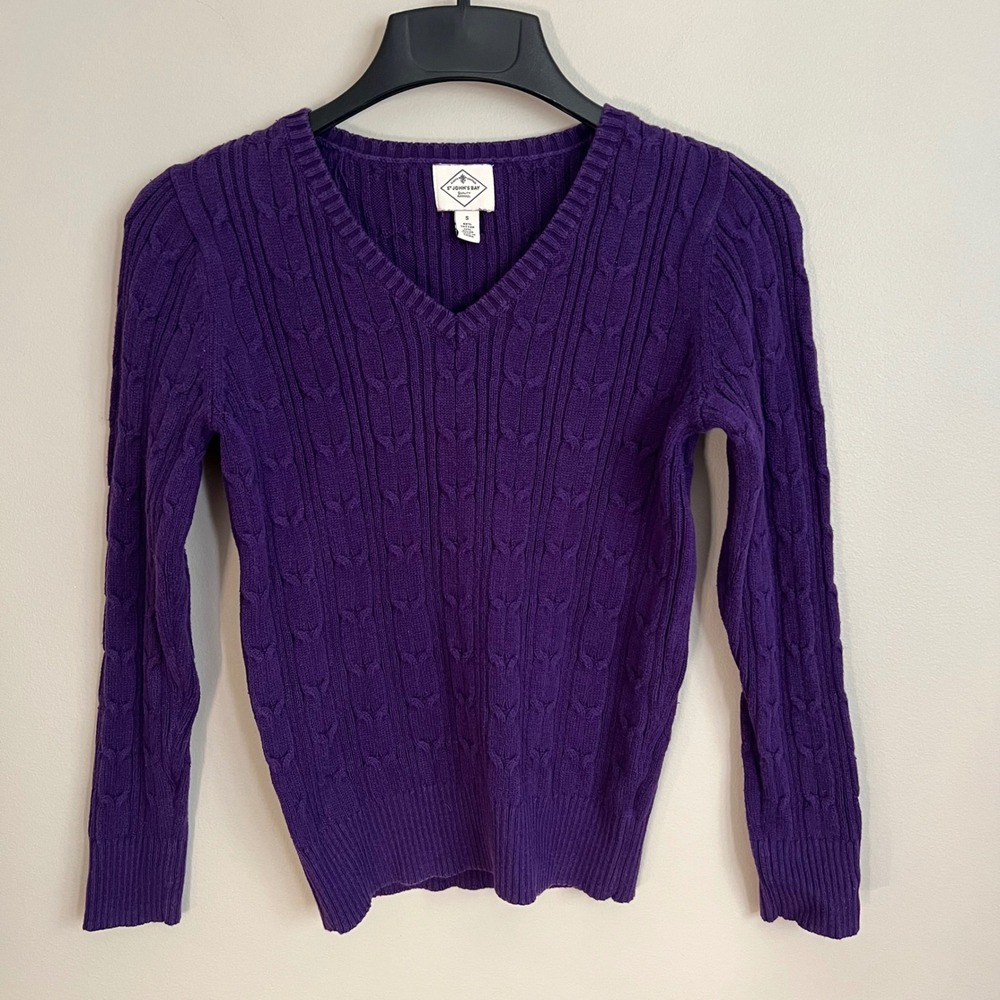 Purple Cable Knit V-Neck Sweater Women S Cotton Blend Preppy Collegiate